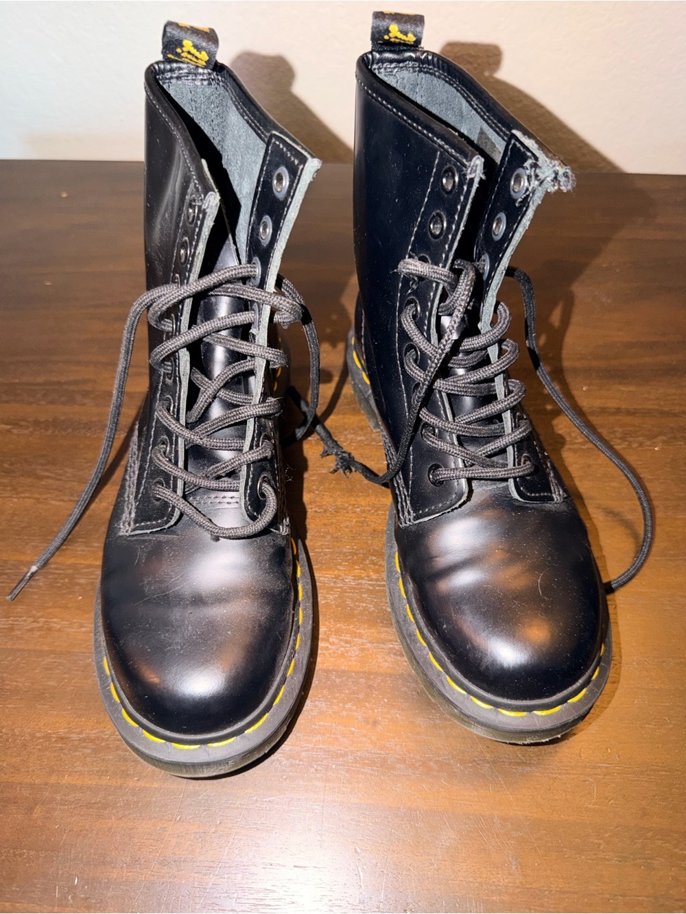 Dr. Martens Black Leather Lace-Up Boots with Yellow Stitching